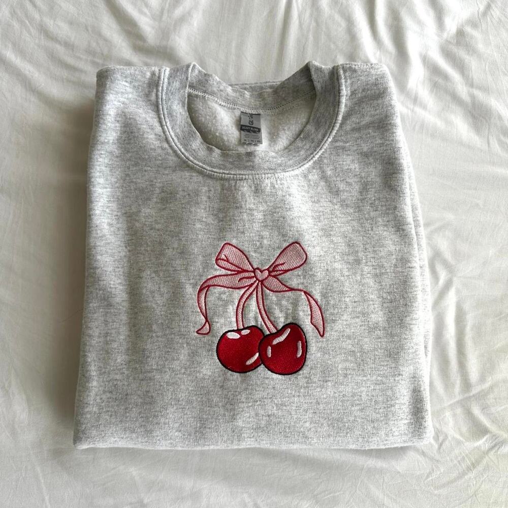 Adorable cherry bow embroidered crewneck